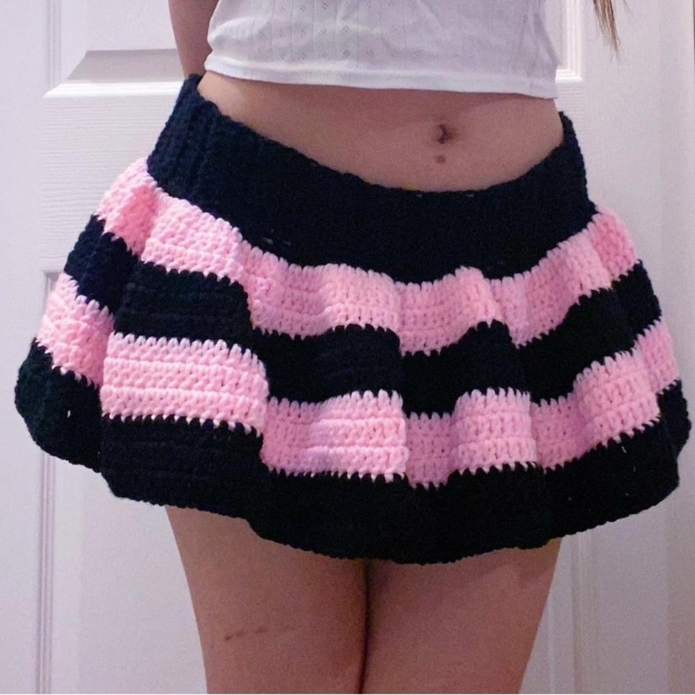 Handmade Crochet Pink and Black Striped Micro Skirt